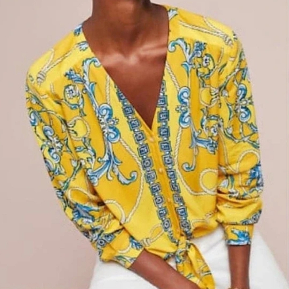 Maeve Yellow Scarf-Print V-Neck Tie-Front Blouse